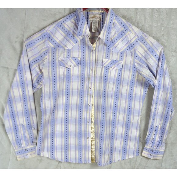 Wrangler Western Shirt Women's Purple Plaid Pearl Snaps Long Sleeve Rodeo Large - Picture 2 of 13
